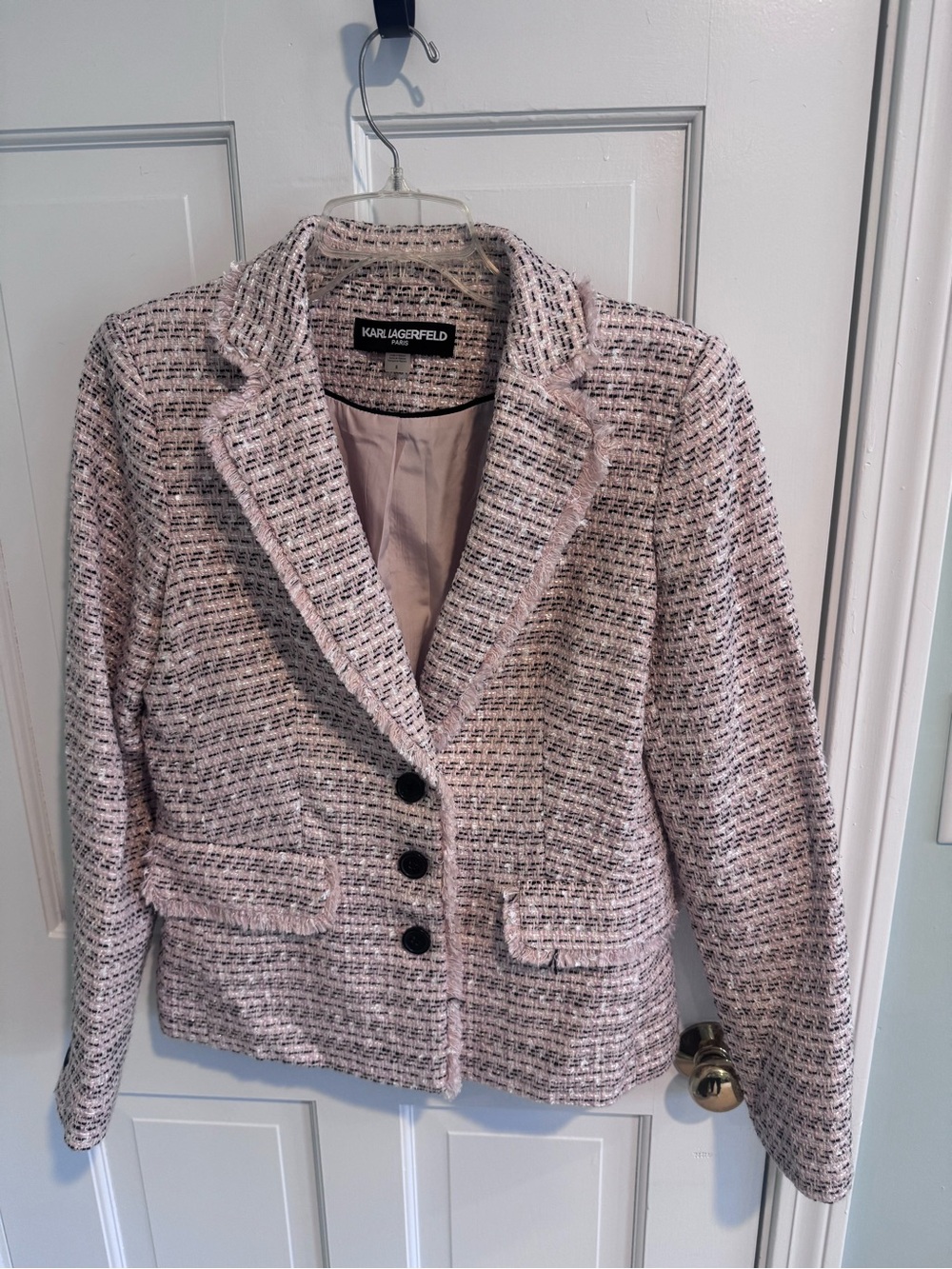Karl Lagerfeld Blush Pink Tweed Blazer with Black Accents